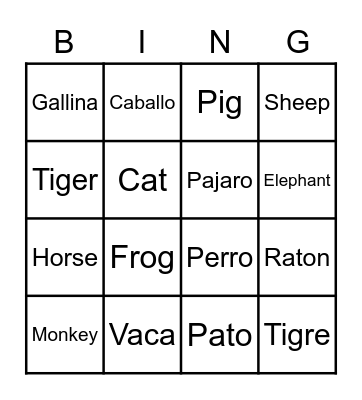 Animals in Spanish Bingo Card