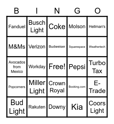 Super Bowl 2023 Commercial Bingo Card
