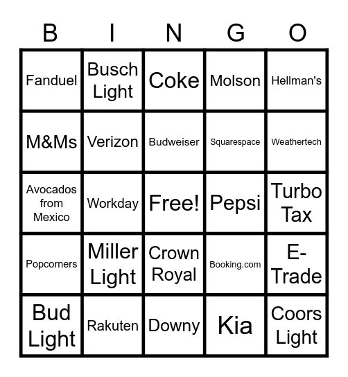 Super Bowl 2023 Commercial Bingo Card