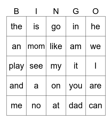 Kindergarten Sight Words Bingo Card