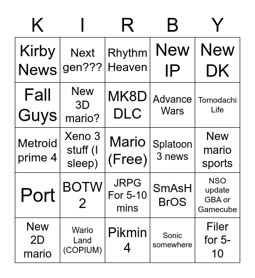 Nintendo Bingo Card