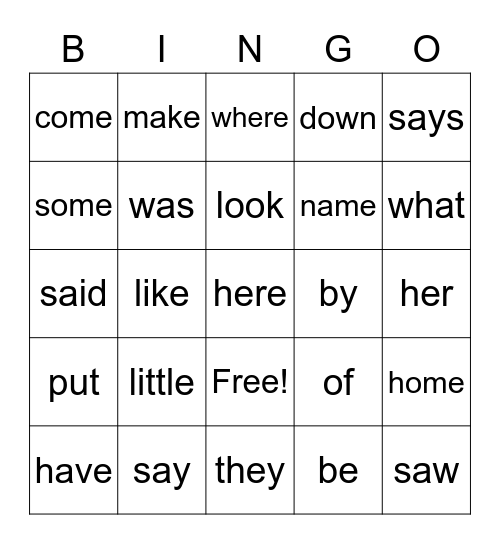 Sight Words Bingo Card