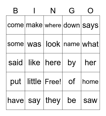 Sight Words Bingo Card