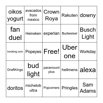 2023 Superbowl Bingo Card