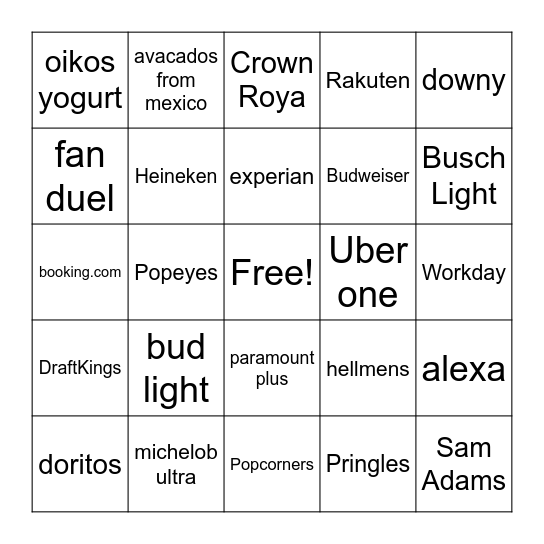 2023 Superbowl Bingo Card