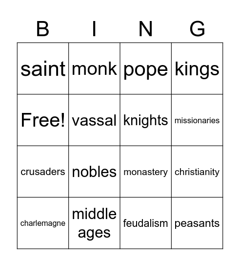 Early Middle Ages Vocab Bingo Card