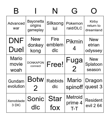 Nintendo Direct Bingo Card