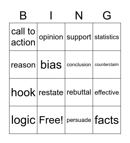 Argumentative Writing Vocab Bingo Card