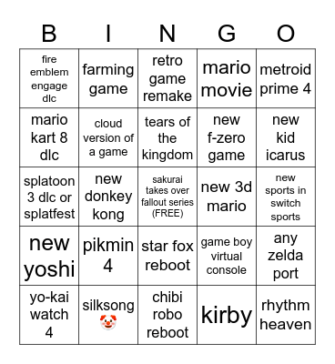 nintendo direct 2/8/23 Bingo Card