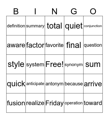 Vocabulary Bingo Card