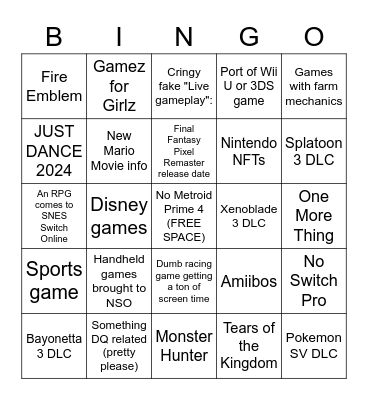 Nintendo Direct- Feb 2023 Bingo Card