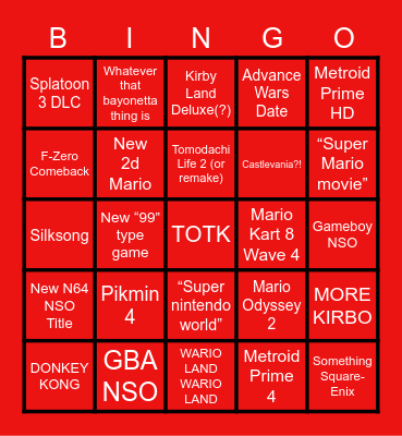 Nintendo Direct Bingo Card