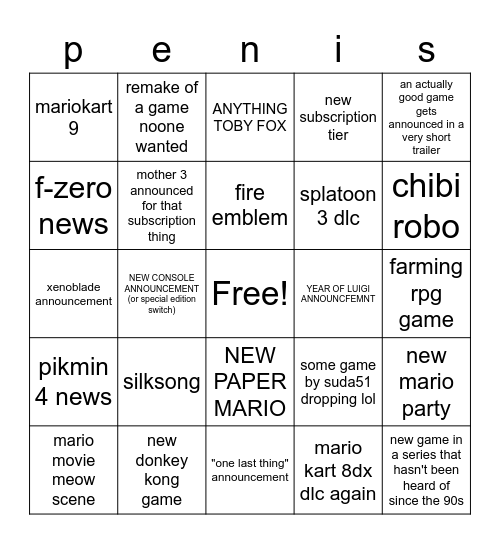 nintendo direct bingo Card