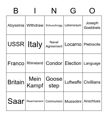 Road to War Bingo! Bingo Card