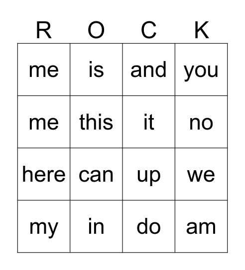 Sight Word Bingo Card