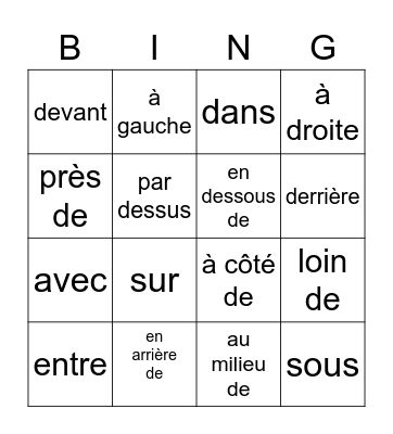 Les prépositions Bingo Card