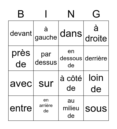 Les prépositions Bingo Card