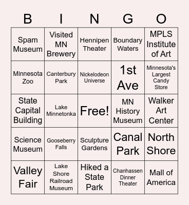 Minnesota Attractions Bingo Card