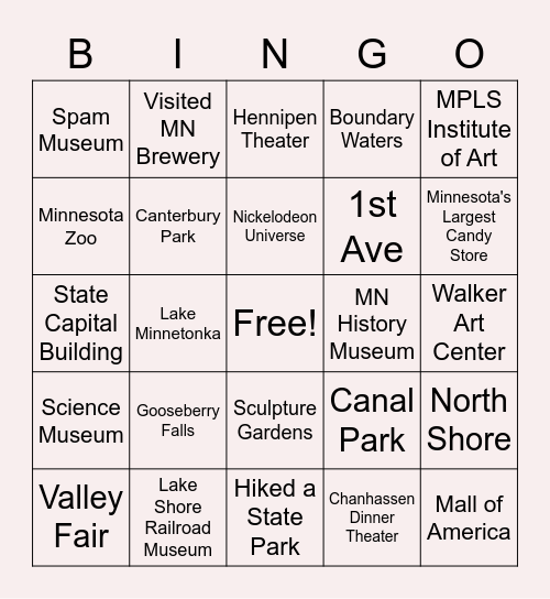 Minnesota Attractions Bingo Card