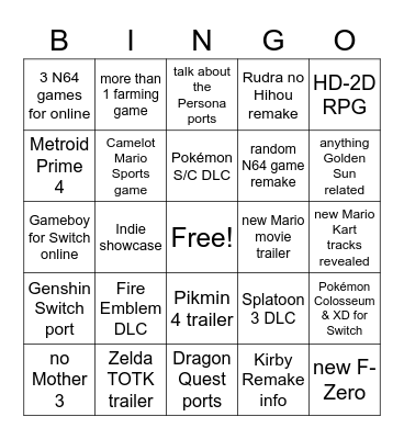 OldRPG Nintendo Direct Bingo Card