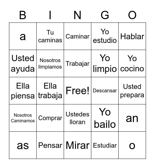 Verbos Bingo Card