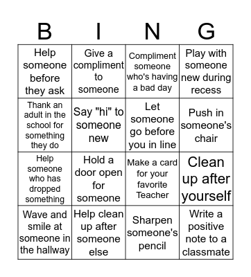 Random Acts of Kindness Bingo Card