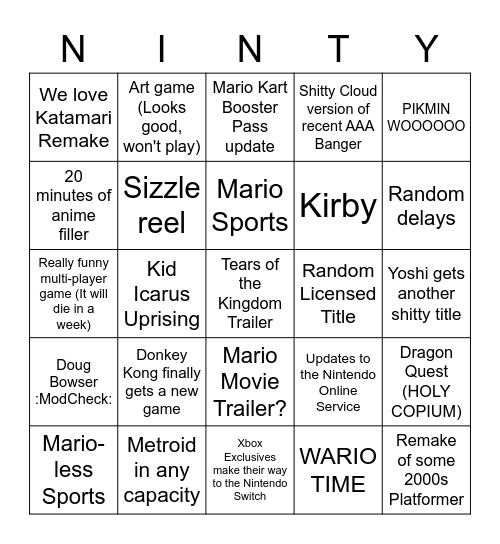 Nintendo Direct 2/08/23 Bingo Card