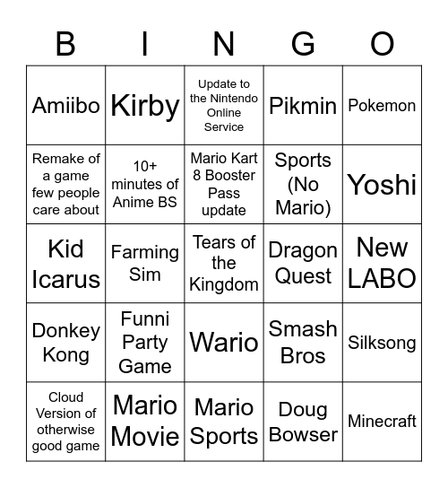 Nintendo Direct 2/8/23 Bingo Card