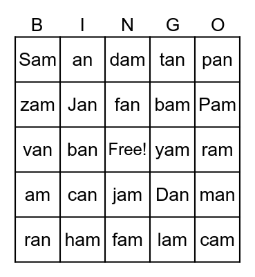 Glued Sounds -AN & -AM Bingo Card