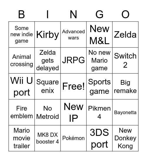 Nintendo Direct Bingo Card