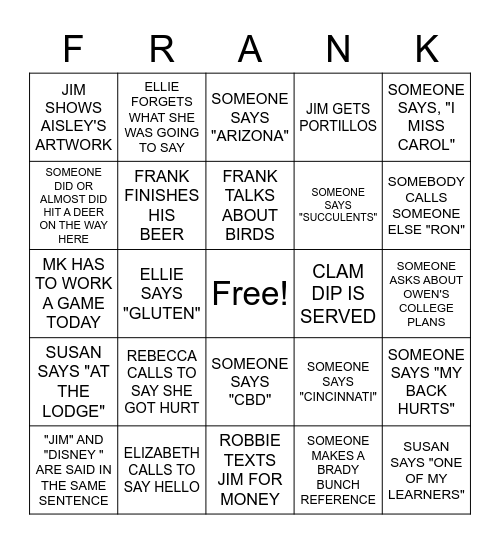 FRANK-O Bingo Card