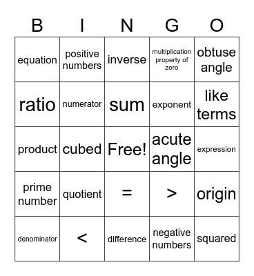 MATH BINGO!!!!!! Bingo Card