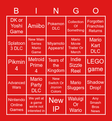 Nintendo Direct Febuary 2022 Bingo Card