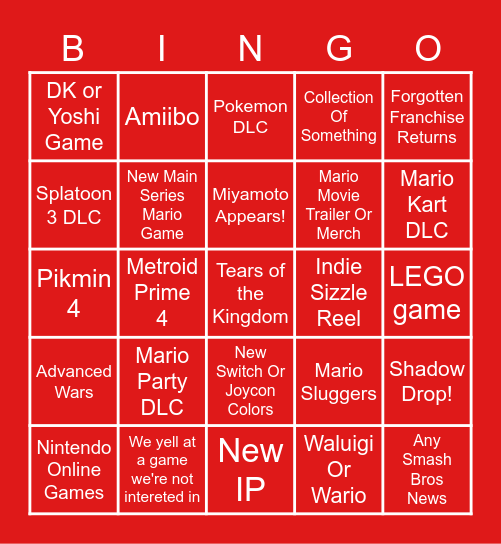 Nintendo Direct Febuary 2022 Bingo Card
