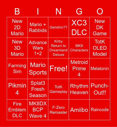 Nintendo Direct 2/8/23 Bingo Card