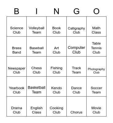 Club Activities Bingo Card