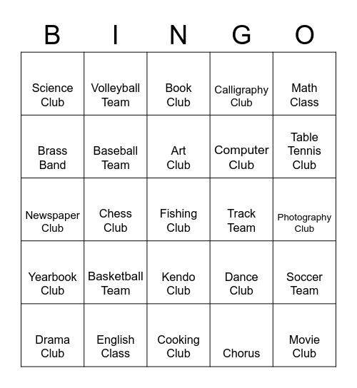 Club Activities Bingo Card