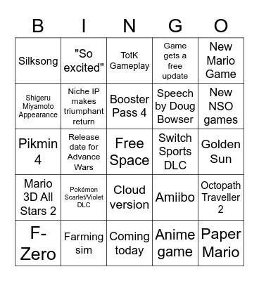 Nintendo Direct Bingo Card