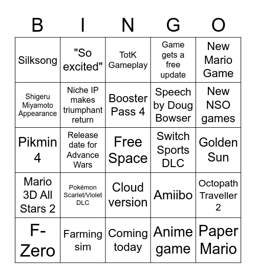 Nintendo Direct Bingo Card