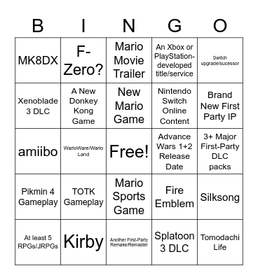 Nintendo Direct 2/8/23 Bingo Card