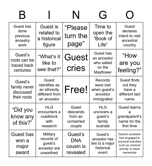 Finding Your Roots Bingo Card