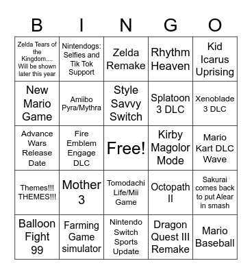 Nintendo Direct Bingo Card