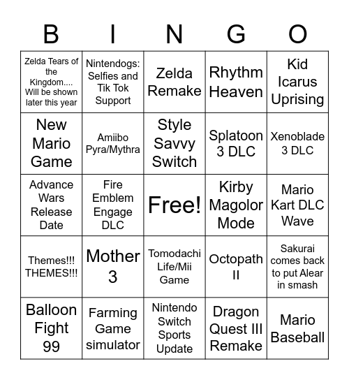 Nintendo Direct Bingo Card