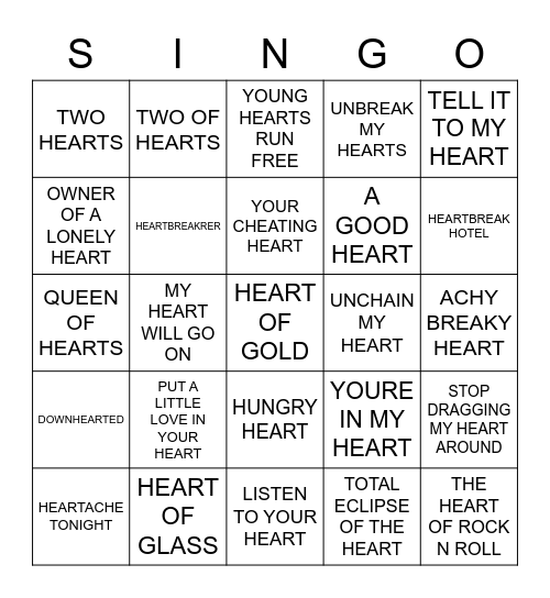 624 HEART TO HEART Bingo Card
