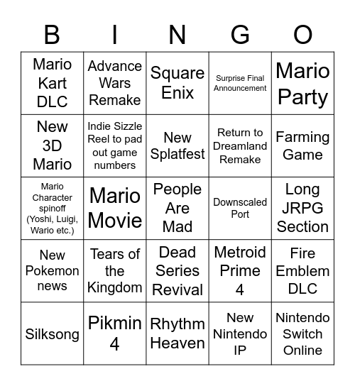 Nintendo Direct Bingo Card