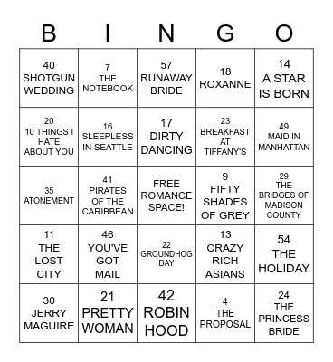 ROMANTIC MOVIES Bingo Card