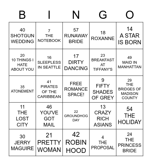 ROMANTIC MOVIES Bingo Card