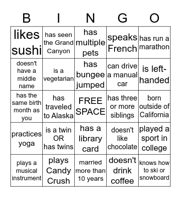 Getting To Know You Bingo Card