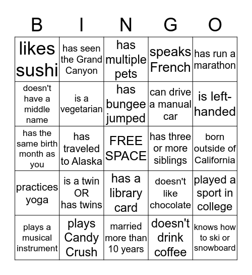 Getting To Know You Bingo Card