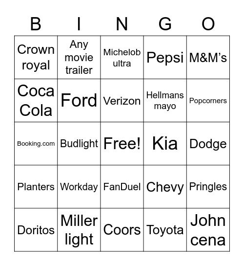 Super Bowl Bingo Card